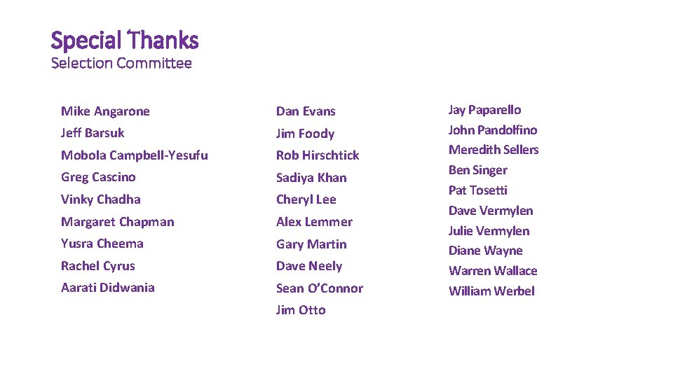 Special Thanks Selection Committee Mike Angarone Dan Evans Jeff Barsuk Jim Foody Mobola Campbell-Yesufu