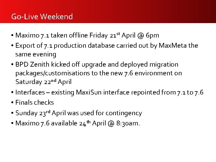 Go-Live Weekend • Maximo 7. 1 taken offline Friday 21 st April @ 6
