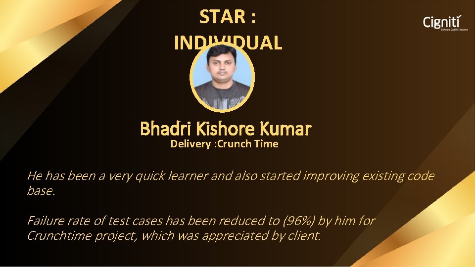 STAR : INDIVIDUAL Bhadri Kishore Kumar Delivery : Crunch Time He has been a