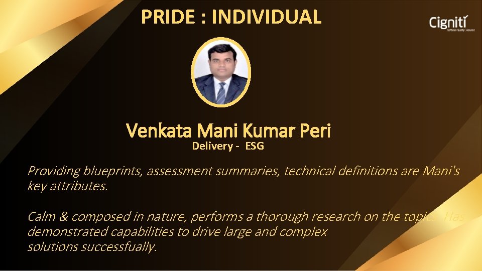 PRIDE : INDIVIDUAL Venkata Mani Kumar Peri Delivery - ESG Providing blueprints, assessment summaries,