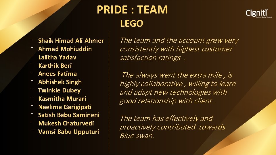 PRIDE : TEAM LEGO ⁻ ⁻ ⁻ Shaik Himad Ali Ahmer Ahmed Mohiuddin Lalitha