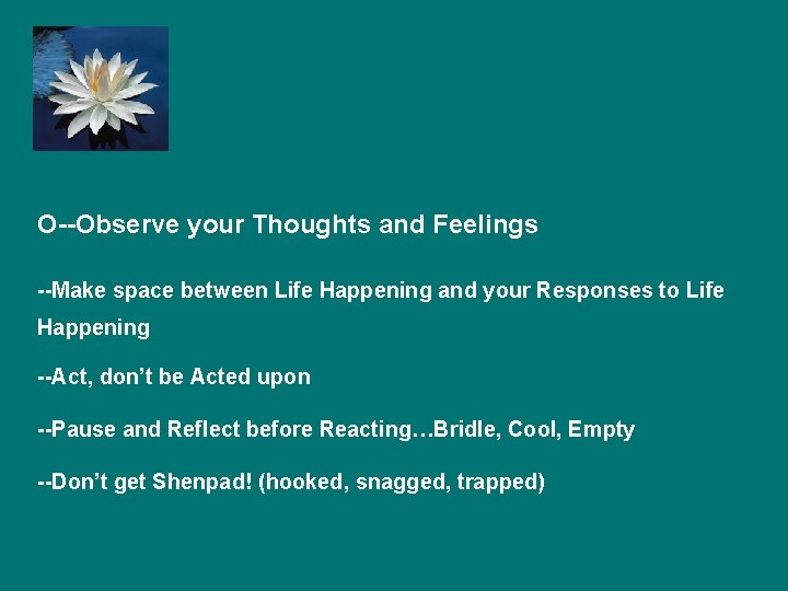 O--Observe your Thoughts and Feelings --Make space between Life Happening and your Responses to