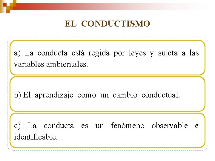 EL CONDUCTISMO a) La conducta está regida por leyes y sujeta a las variables