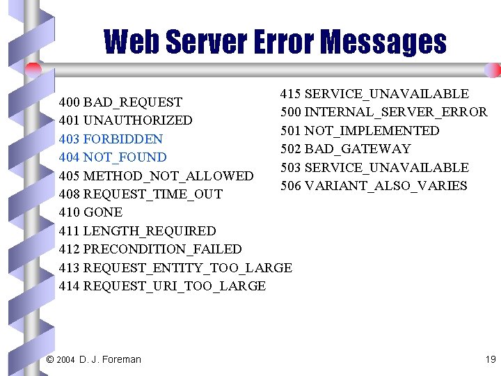 Web Server Error Messages 415 SERVICE_UNAVAILABLE 400 BAD_REQUEST 500 INTERNAL_SERVER_ERROR 401 UNAUTHORIZED 501 NOT_IMPLEMENTED
