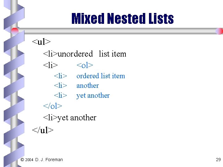 Mixed Nested Lists <ul> <li>unordered list item <li> <ol> <li> ordered list item another