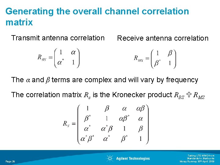 Generating the overall channel correlation matrix Transmit antenna correlation Receive antenna correlation The α