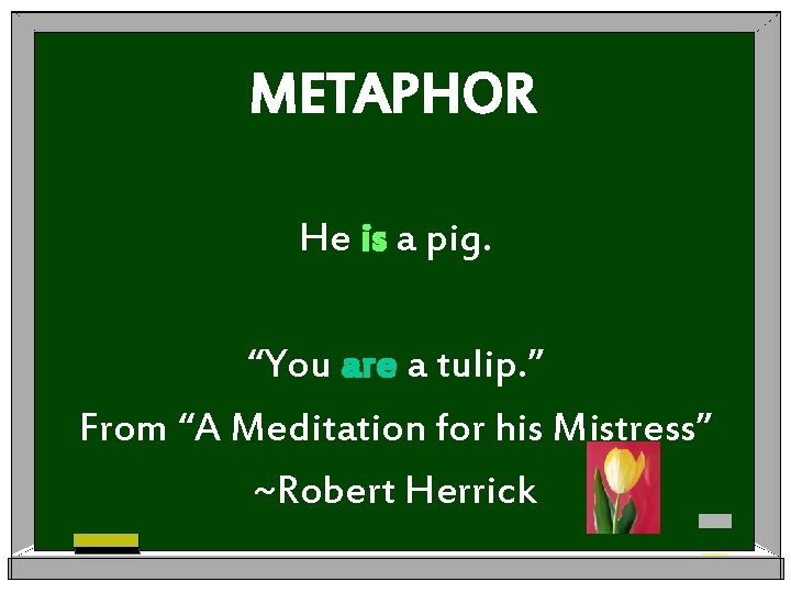 METAPHOR He is a pig. “You are a tulip. ” From “A Meditation for