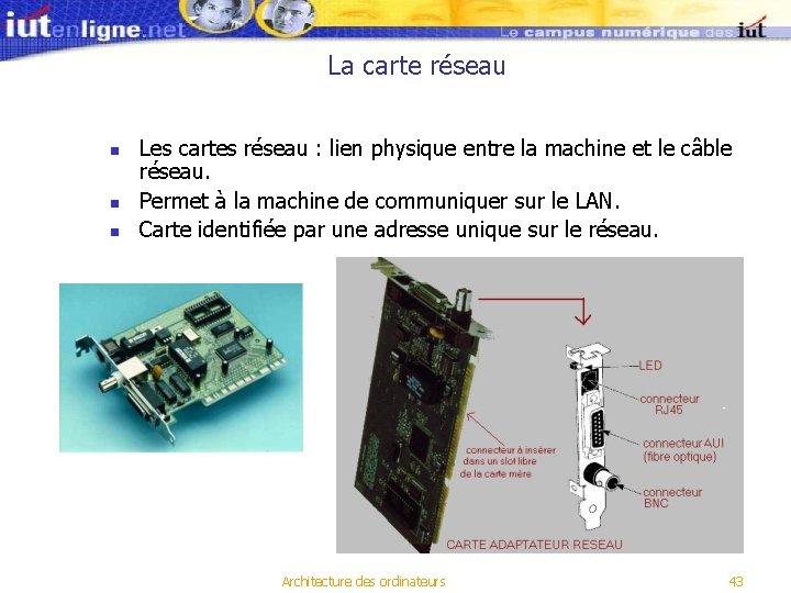 La carte réseau n n n Les cartes réseau : lien physique entre la