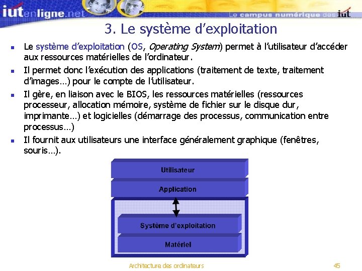 3. Le système d’exploitation n n Le système d’exploitation (OS, Operating System) permet à