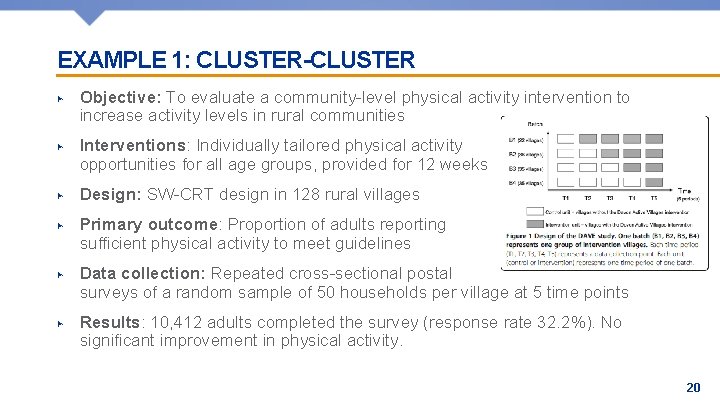 EXAMPLE 1: CLUSTER-CLUSTER ▶ Objective: To evaluate a community-level physical activity intervention to increase