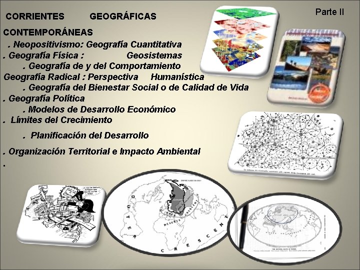 CORRIENTES GEOGRÁFICAS CONTEMPORÁNEAS. Neopositivismo: Geografía Cuantitativa. Geografía Física : Geosistemas. Geografía de y del