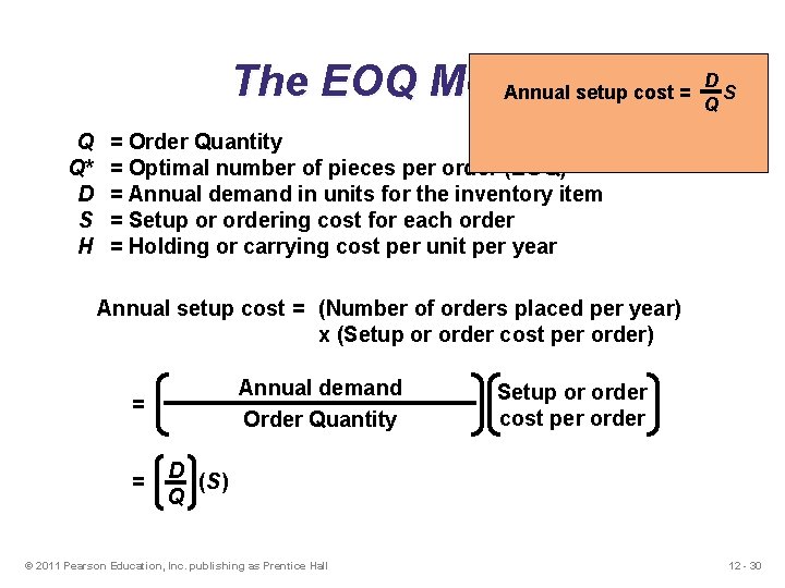 D The EOQ Model Annual setup cost = S Q Q Q* D S D The EOQ Model Annual setup cost = S Q Q Q* D S