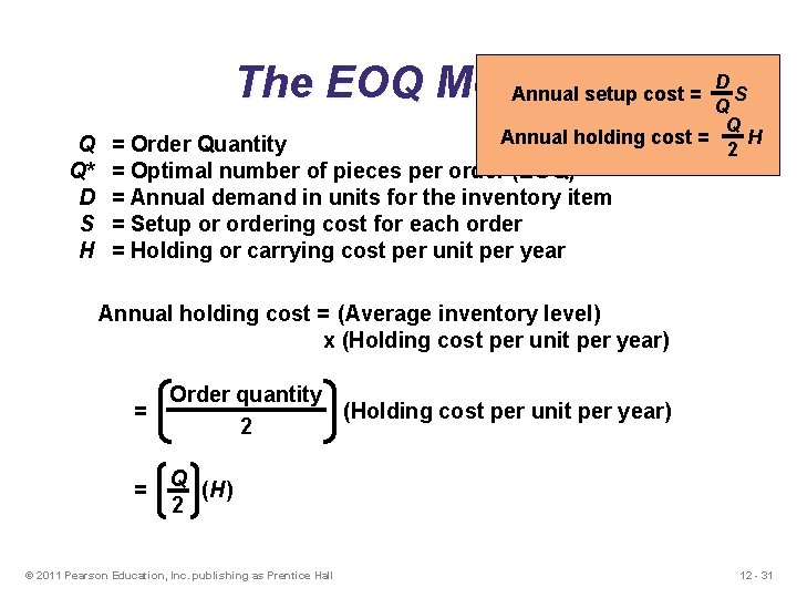 D The EOQ Model Annual setup cost = S Q Q Q* D S D The EOQ Model Annual setup cost = S Q Q Q* D S