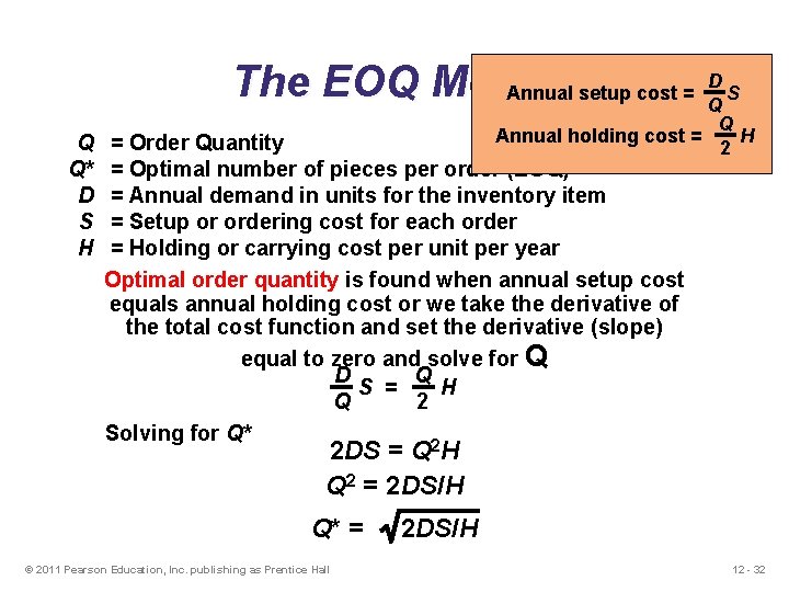 D The EOQ Model Annual setup cost = S Q Q Q* D S D The EOQ Model Annual setup cost = S Q Q Q* D S