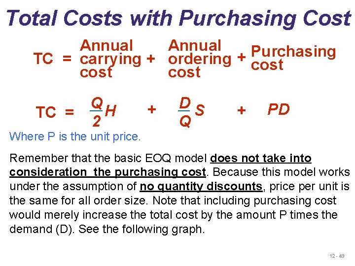 Total Costs with Purchasing Cost Annual Purchasing + TC = carrying + ordering cost Total Costs with Purchasing Cost Annual Purchasing + TC = carrying + ordering cost