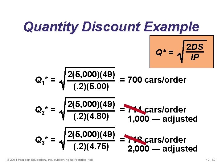 Quantity Discount Example Q* = 2 DS IP Q 1* = 2(5, 000)(49) = Quantity Discount Example Q* = 2 DS IP Q 1* = 2(5, 000)(49) =