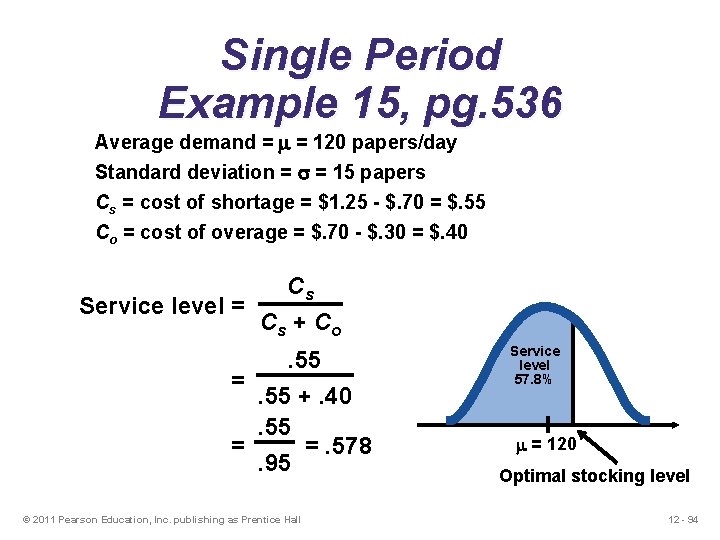 Single Period Example 15, pg. 536 Average demand = = 120 papers/day Standard deviation Single Period Example 15, pg. 536 Average demand = = 120 papers/day Standard deviation