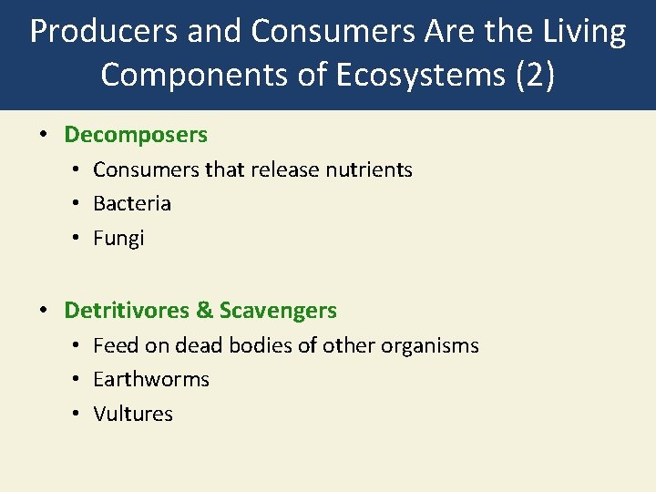 Producers and Consumers Are the Living Components of Ecosystems (2) • Decomposers • Consumers