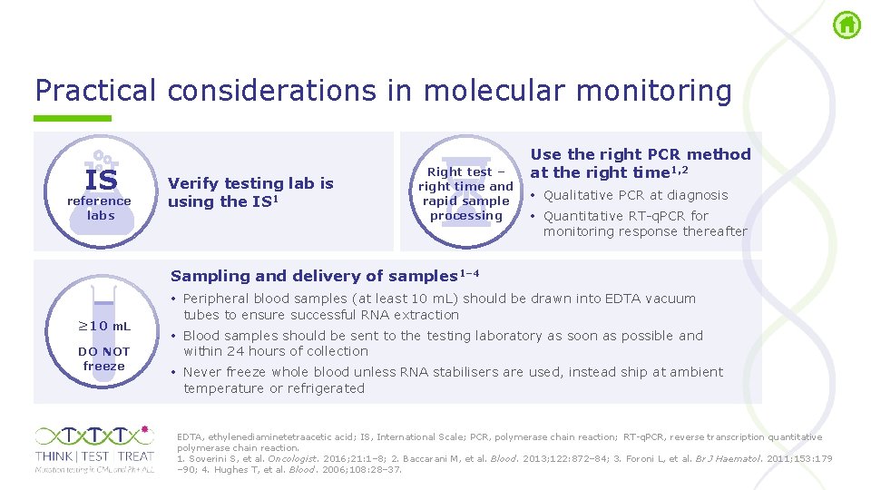 Practical considerations in molecular monitoring IS reference labs Verify testing lab is using the