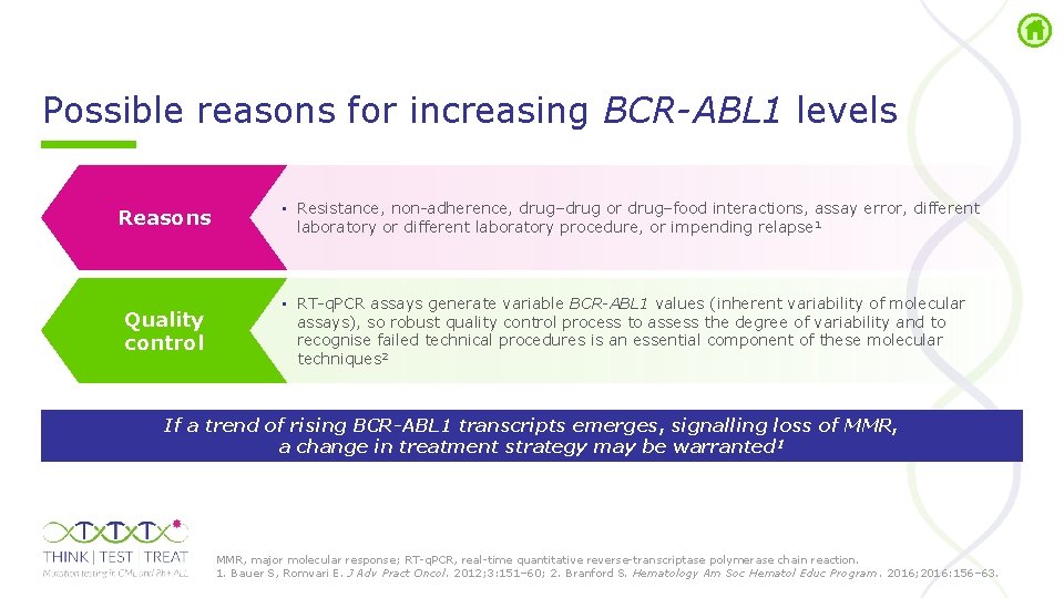 Possible reasons for increasing BCR-ABL 1 levels Reasons Quality control • Resistance, non adherence,