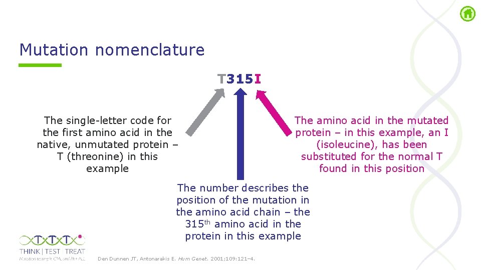 Mutation nomenclature T 315 I The single letter code for the first amino acid