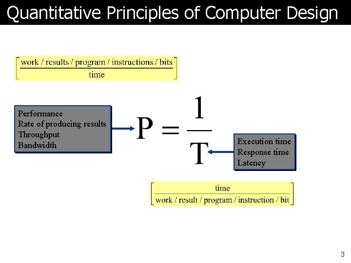 Quantitative Principles of Computer Design Performance Rate of producing results Throughput Bandwidth Execution time