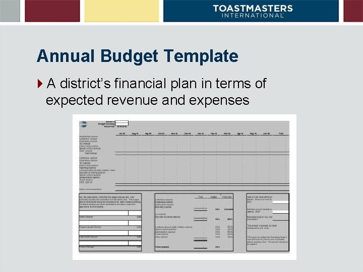Annual Budget Template 4 A district’s financial plan in terms of expected revenue and