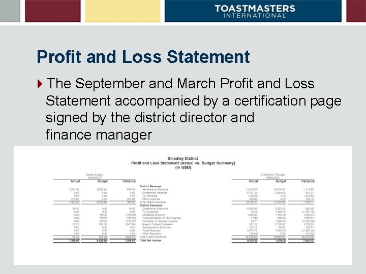 Profit and Loss Statement 4 The September and March Profit and Loss Statement accompanied