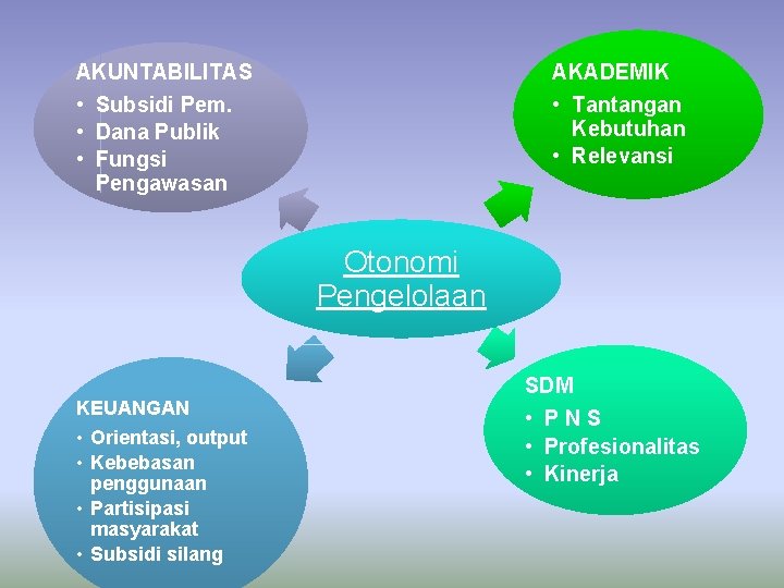 AKUNTABILITAS • Subsidi Pem. • Dana Publik • Fungsi Pengawasan AKADEMIK • Tantangan Kebutuhan