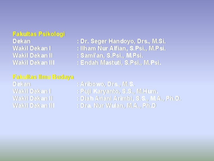 Fakultas Psikologi Dekan Wakil Dekan III : Dr. Seger Handoyo, Drs. , M. Si.