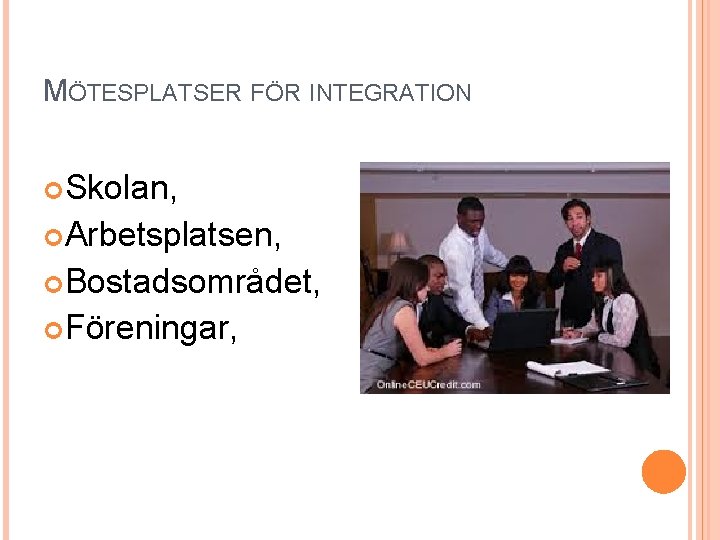 MÖTESPLATSER FÖR INTEGRATION Skolan, Arbetsplatsen, Bostadsområdet, Föreningar, 