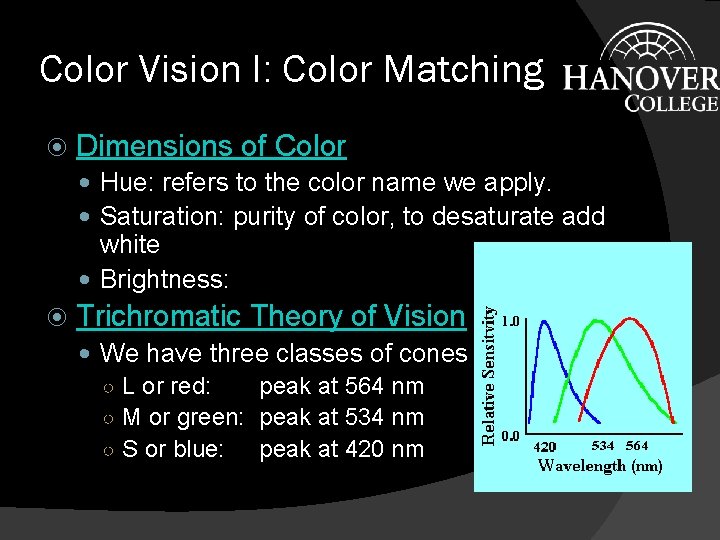 Color Vision I: Color Matching Dimensions of Color Hue: refers to the color name