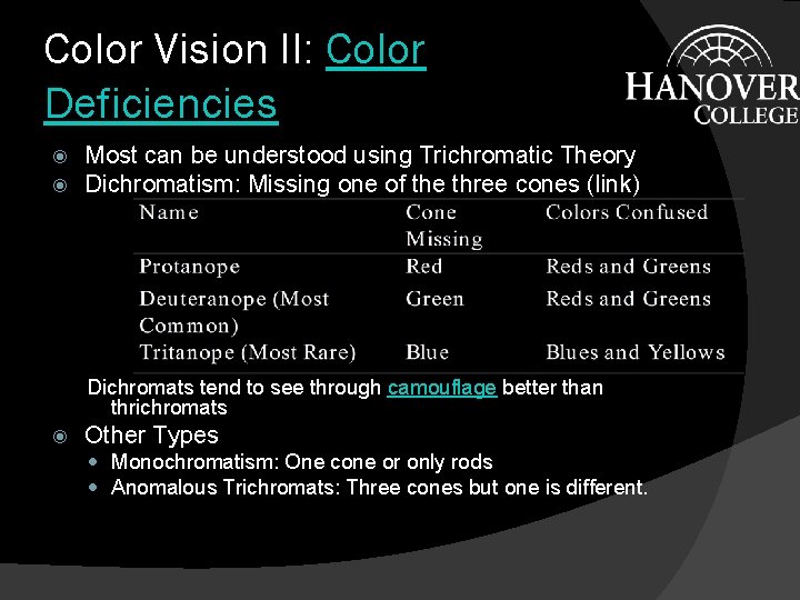 Color Vision II: Color Deficiencies Most can be understood using Trichromatic Theory Dichromatism: Missing