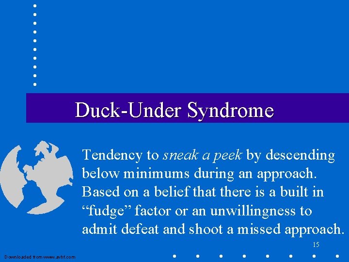 Duck-Under Syndrome Tendency to sneak a peek by descending below minimums during an approach. Duck-Under Syndrome Tendency to sneak a peek by descending below minimums during an approach.