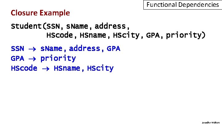 Closure Example Functional Dependencies Student(SSN, s. Name, address, HScode, HSname, HScity, GPA, priority) SSN