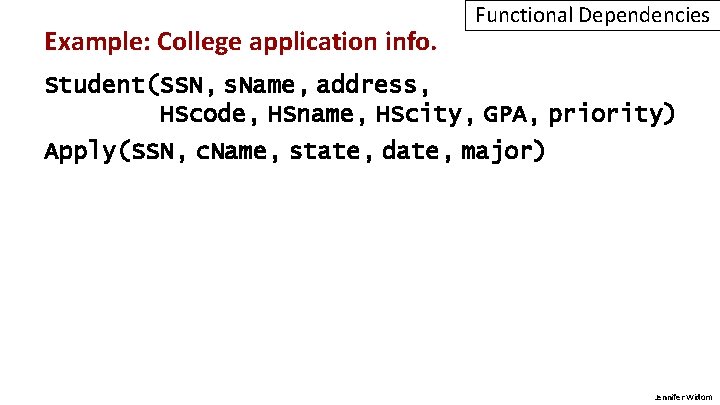 Example: College application info. Functional Dependencies Student(SSN, s. Name, address, HScode, HSname, HScity, GPA,