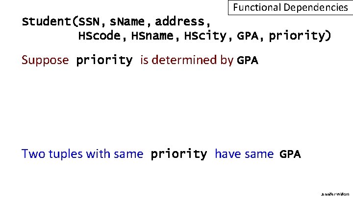 Functional Dependencies Student(SSN, s. Name, address, HScode, HSname, HScity, GPA, priority) Suppose priority is