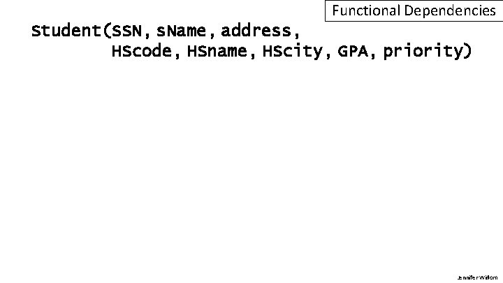 Functional Dependencies Student(SSN, s. Name, address, HScode, HSname, HScity, GPA, priority) Jennifer Widom 
