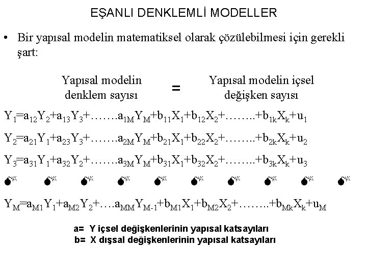 EŞANLI DENKLEMLİ MODELLER • Bir yapısal modelin matematiksel olarak çözülebilmesi için gerekli şart: Yapısal