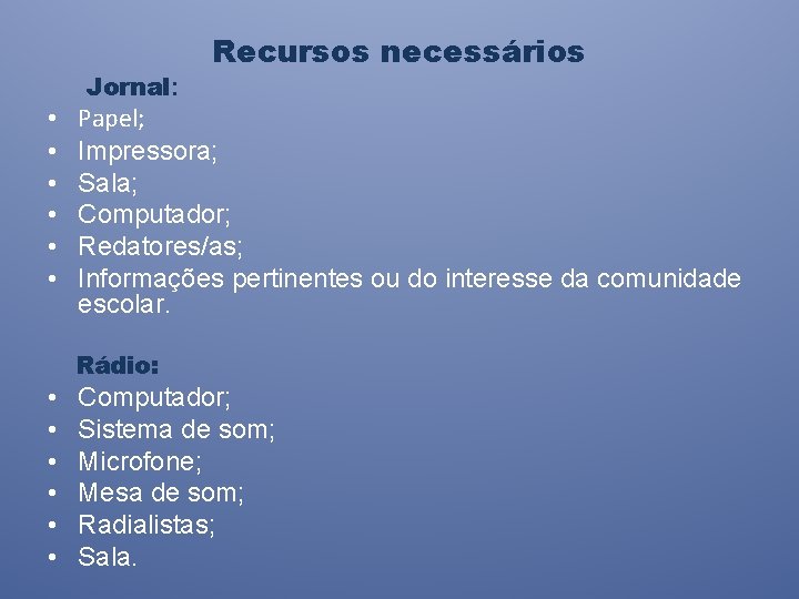  • • • Jornal: Recursos necessários Papel; Impressora; Sala; Computador; Redatores/as; Informações pertinentes