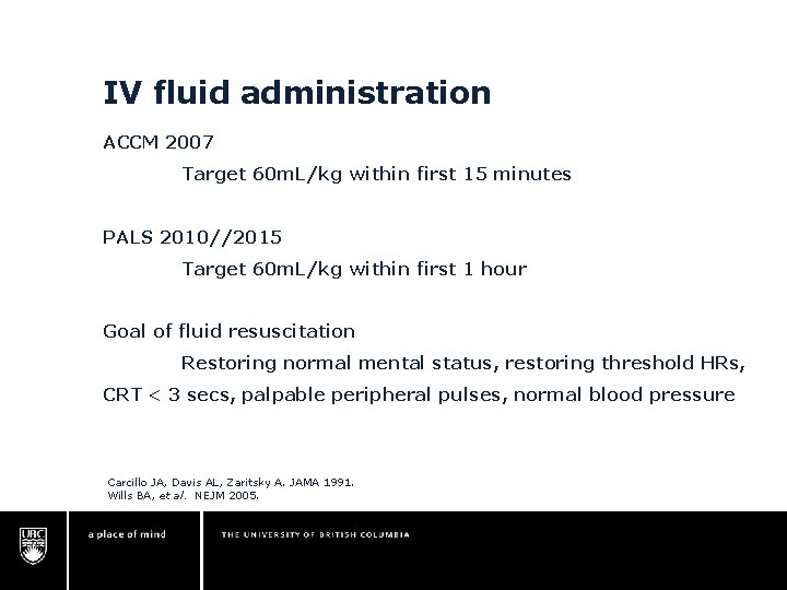 IV fluid administration ACCM 2007 Target 60 m. L/kg within first 15 minutes PALS IV fluid administration ACCM 2007 Target 60 m. L/kg within first 15 minutes PALS