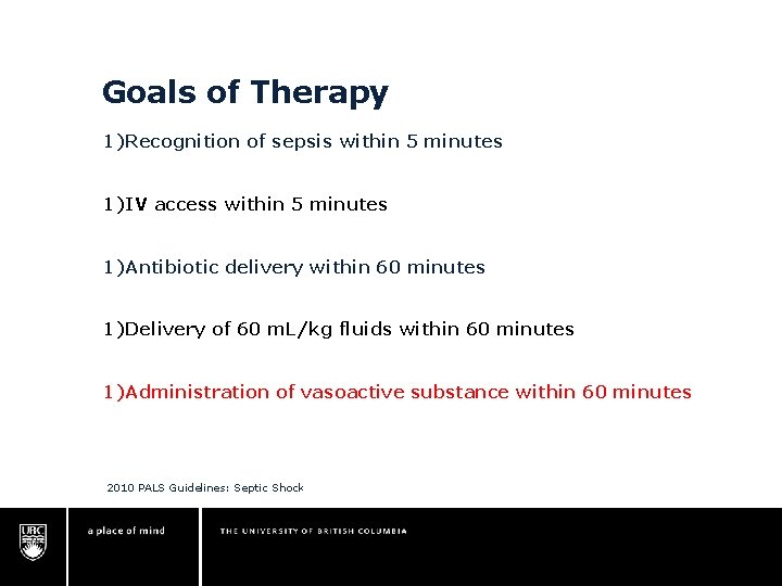Goals of Therapy 1)Recognition of sepsis within 5 minutes 1)IV access within 5 minutes Goals of Therapy 1)Recognition of sepsis within 5 minutes 1)IV access within 5 minutes