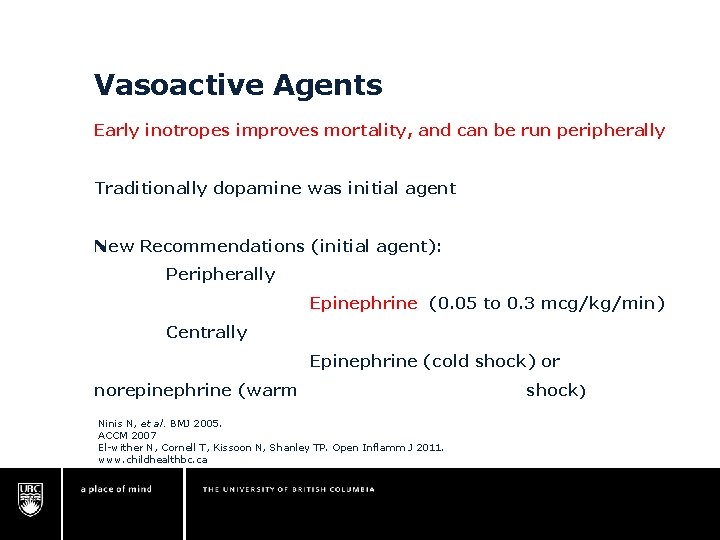Vasoactive Agents Early inotropes improves mortality, and can be run peripherally Traditionally dopamine was Vasoactive Agents Early inotropes improves mortality, and can be run peripherally Traditionally dopamine was