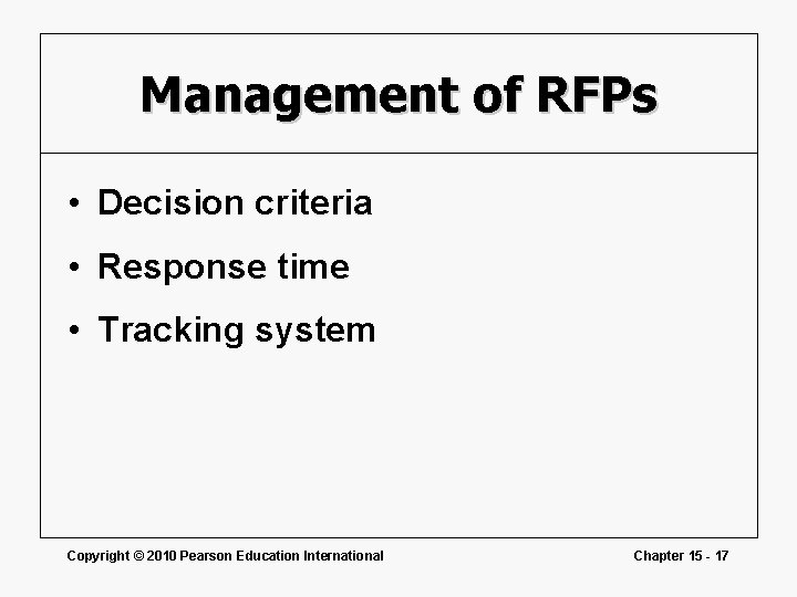 Management of RFPs • Decision criteria • Response time • Tracking system Copyright ©