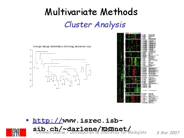 Multivariate Methods Cluster Analysis § http: //www. isrec. isbsib. ch/~darlene/EMBnet/ EMBnet Course – Introduction