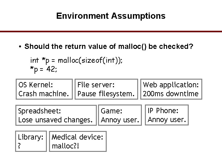 Environment Assumptions • Should the return value of malloc() be checked? int *p =
