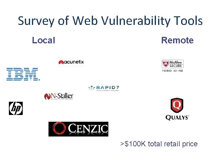 Survey of Web Vulnerability Tools Local Remote >$100 K total retail price 