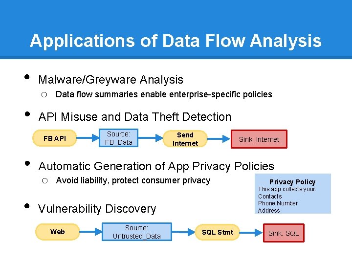 Applications of Data Flow Analysis • • Malware/Greyware Analysis o Data flow summaries enable