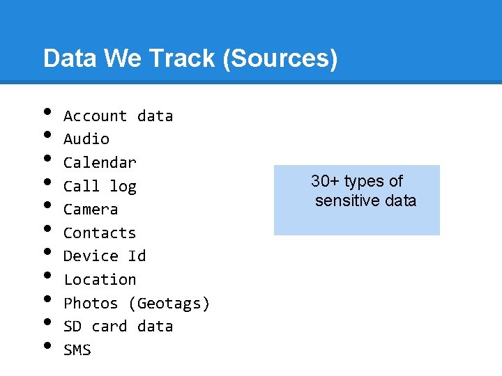 Data We Track (Sources) • • • Account data Audio Calendar Call log Camera