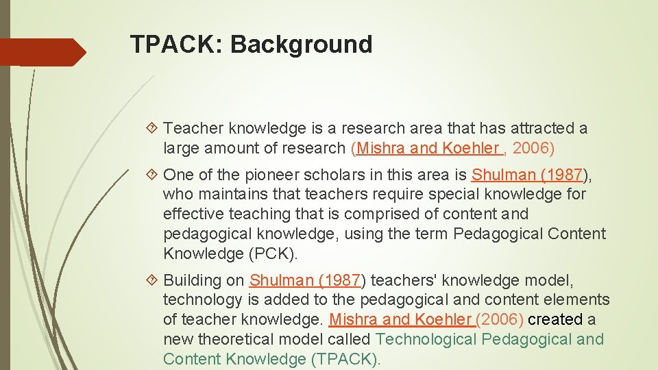 TPACK: Background Teacher knowledge is a research area that has attracted a large amount